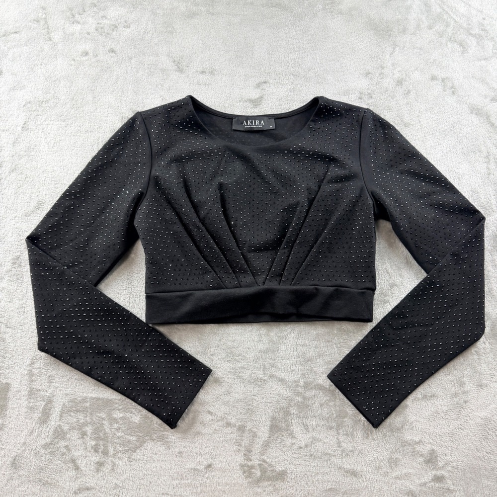 Akira Women's Medium Black Studded Long Sleeve Crop Top AK97030T-R
